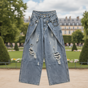 Nuovi <span class=keywords><strong>Jeans</strong></span> da Donna Vintage a Vita Alta con Doppio Bottone e Strappi, Gamba Larga, Stile Street, Ultra Comodi e Morbidi - Product Image 2