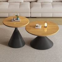 Table basse ronde moderne nordique avec plateau en bois et base conique en métal noir, table d'appoint pour salon, vente en gros pour hôtel