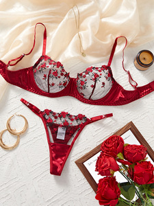 <b>Sexy</b> Rose Floral Embroidered Mesh Women Underwire Bra and Thong Push up Red Lingerie <b>Set</b> 2 Piece - Product Image 2