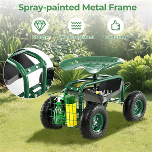 Carrito de Jardín Metálico Resistente con Asiento Giratorio, Bandeja para Herramientas y Cesta, 4 Ruedas para Jardinería y Cuidado del Césped - Product Image 4