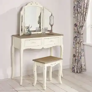 Tocador de estilo francés con taburete, mesa de maquillaje blanca con espejo triple plegable