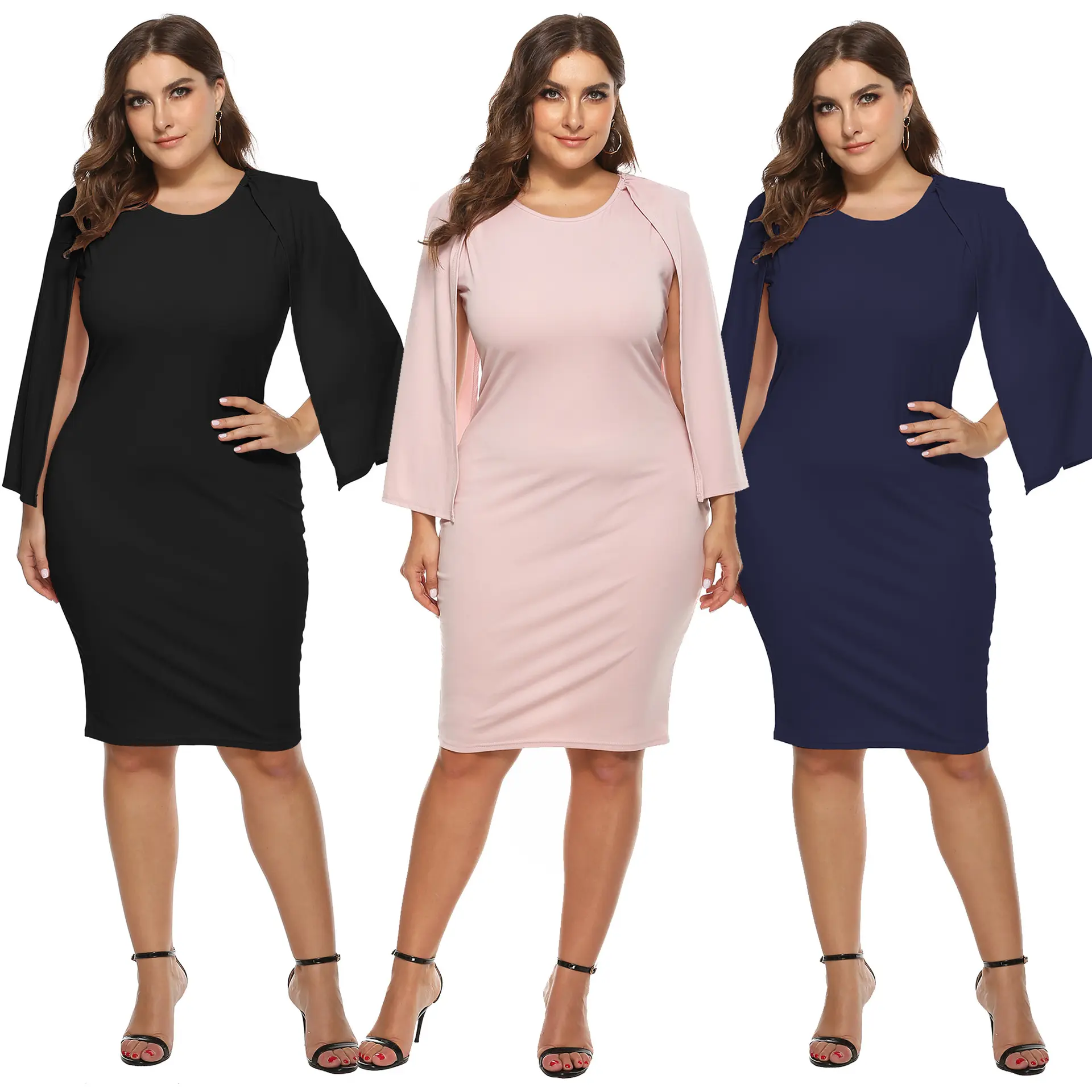 J8371 Plus Size Jurk Vrouwen Elegante Mode Vrouwen Jurk Kleding Slit Mouwen Voor Office Wear