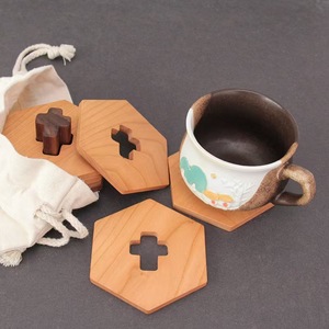 Hexagonal Solid Wood Coaster With Cross Cutout Heat Resistant Coffee <b>Tea</b> Mat Desktop Drink Pad Minimalist Design - Product Image 1
