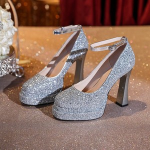 Y9595-2 Escarpins Mary Jane à plateforme scintillante, bout rond, talon carré, bride cheville, chaussures de mariage, talon très haut, rehaussant la taille - Product Image 1