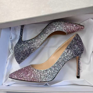Escarpins JC à paillettes dégradées pour femme, bout pointu, coupe basse, en peau de mouton importée, talon de 8,5 cm, paillettes haute densité, style Jimmy Choo, pour soirée - Product Image 4