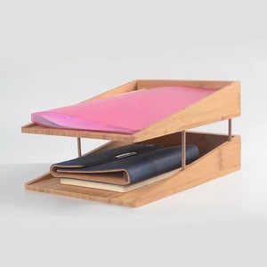 Two-tier bamboo office desk <b>storage</b> box; bamboo desktop <b>file</b> folder <b>storage</b> box - Product Image 4