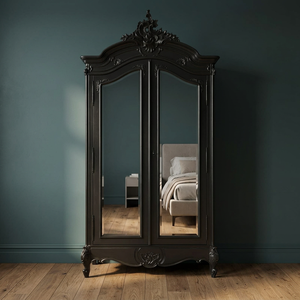French Black Louis XV Glass 2 Door Wooden Armoire <b>Wardrobes</b> Bedroom Furniture - Product Image 3