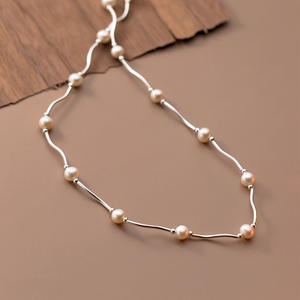 Collar de Plata S925 con Cuentas Redondas Onduladas en Tubo Curvo, Perlas Francesas y Cadena para Clavícula D8728 - Product Image 3