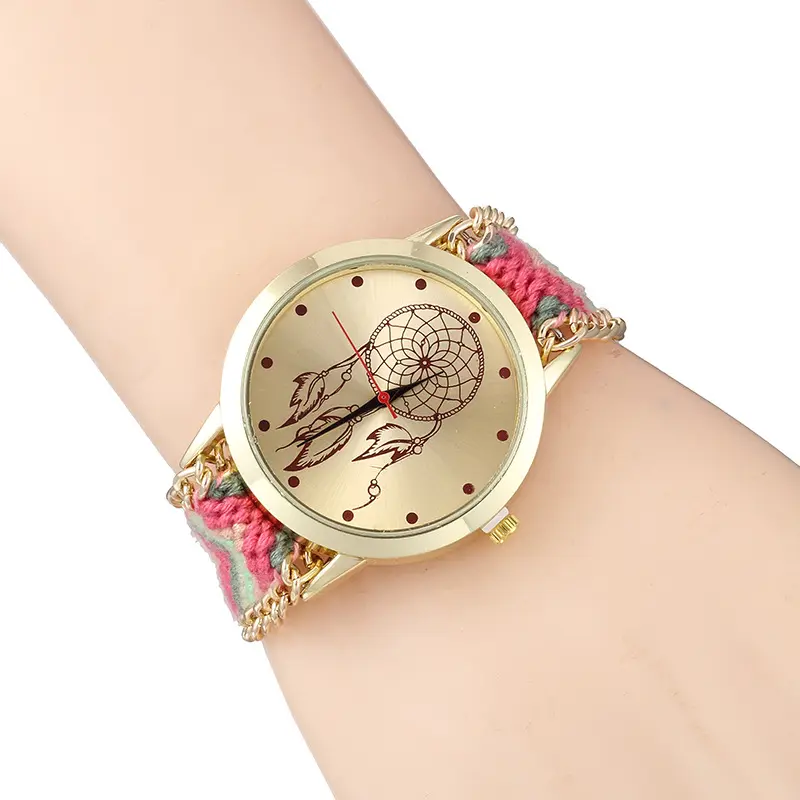 राष्ट्रीय शैली बुना बेल्ट क्वार्ट्ज घड़ी सपना पकड़ने रंग रस्सी लाल दूसरा हाथ ऊन महिला घड़ी निर्माता
