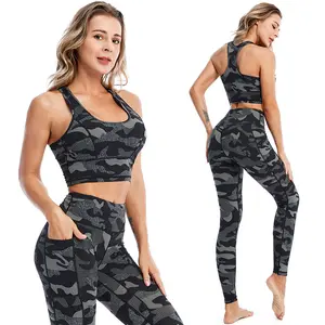 Ropa activa de talla grande para mujer, 2 piezas, traje de Yoga con estampado de camuflaje, sujetador de entrenamiento de compresión y leggings para gimnasio