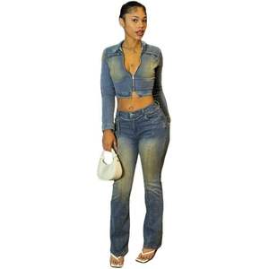 Ensemble en jean personnalisé 2026 pour femme : veste courte à manches longues et jean stretch, tenue streetwear Y2K respirante avec boutons sur le devant - Product Image 2