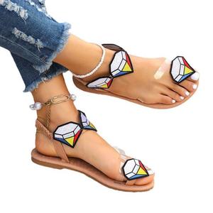 Casual Beach Flat Sandals Women Clip Toe Color <b>Block</b> Diamond Embroidery Elastic Ankle Strap Summer Footwear - Product Image 3
