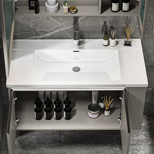 <span class=keywords><strong>Mobile</strong></span> <span class=keywords><strong>Bagno</strong></span> Sospeso di Lusso a 2 Ante, Grande Capacità, con Lavabo Integrato, Laccato Grigio Chiaro, con Illuminazione Laterale Rotonda - Product Image 6