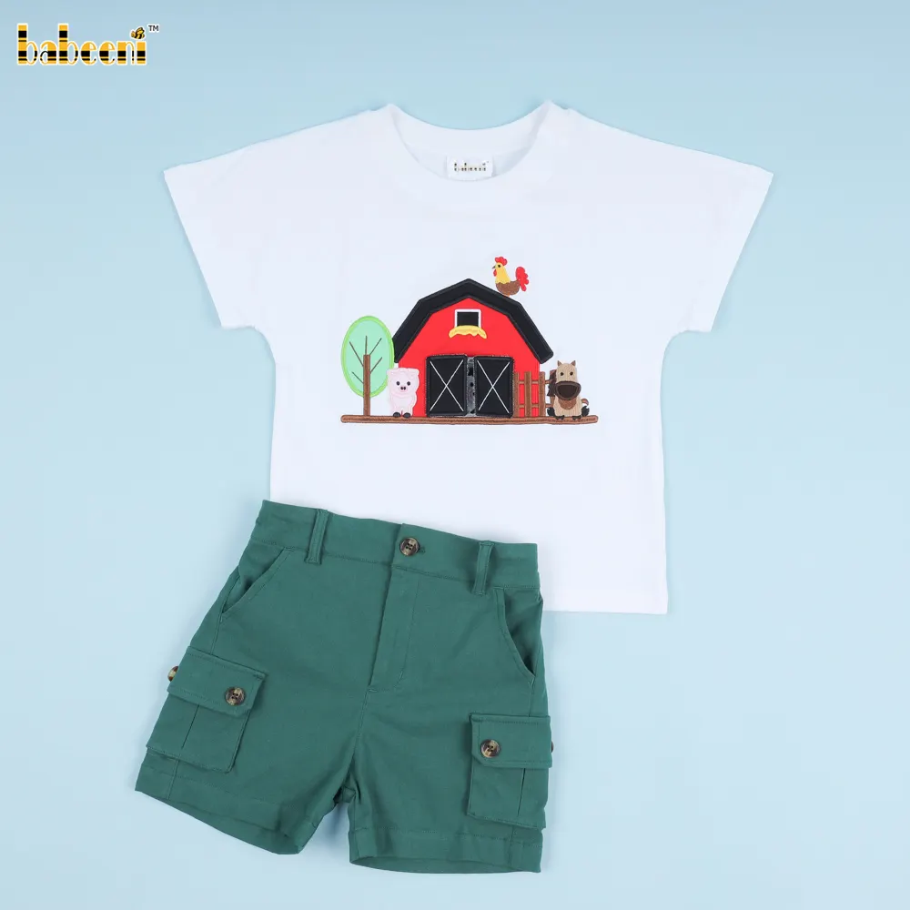 Boy Applique 2-teiliges Set Farm Theme Outfit - BC1180 Kinder Smoked Kleidung Großhandel Hersteller handgemachte Anpassung