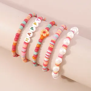 Perles de riz fleur lettre charme personnalisé en gros enfants bracelet élastique pour filles bracelet d'amitié