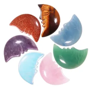 CSJA 35mm Natural Gemstone Hand Carved Crafts Cute Carving Healing Quartz Stone Crystal Moon Face for Home Decor K017