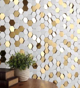 Piastrelle a Mosaico Esagonali 3D in Ceramica, Decorazione Murale in Acciaio Inox Dorato e Chips di Legno, Rivestimento Murale Moderno in <span class=keywords><strong>Marmo</strong></span> con Mosaico in Acciaio - Product Image 6