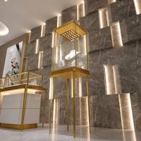 Luxuriöse Goldrahmen-Schmuckvitrine Hoher Sockel Glasvitrine mit LED-Beleuchtung für Juweliergeschäfte und Boutiquen