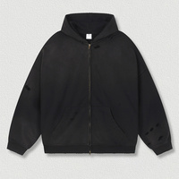 Ohsisa Manteau à capuche pour homme, Vente chaude, 420 g/m², en coton épais, avec fermeture éclair, manches longues, effet délavé et déchiré, coupe ample, couleur unie