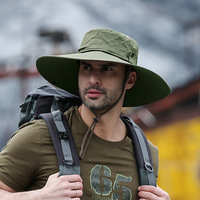Topi Bucket Pria Bahan Nylon Custom Pabrik Dengan Tali Leher, Topi Hiking Bernapas Tahan Air Bertepi Lebar, Topi Boonie Nelayan