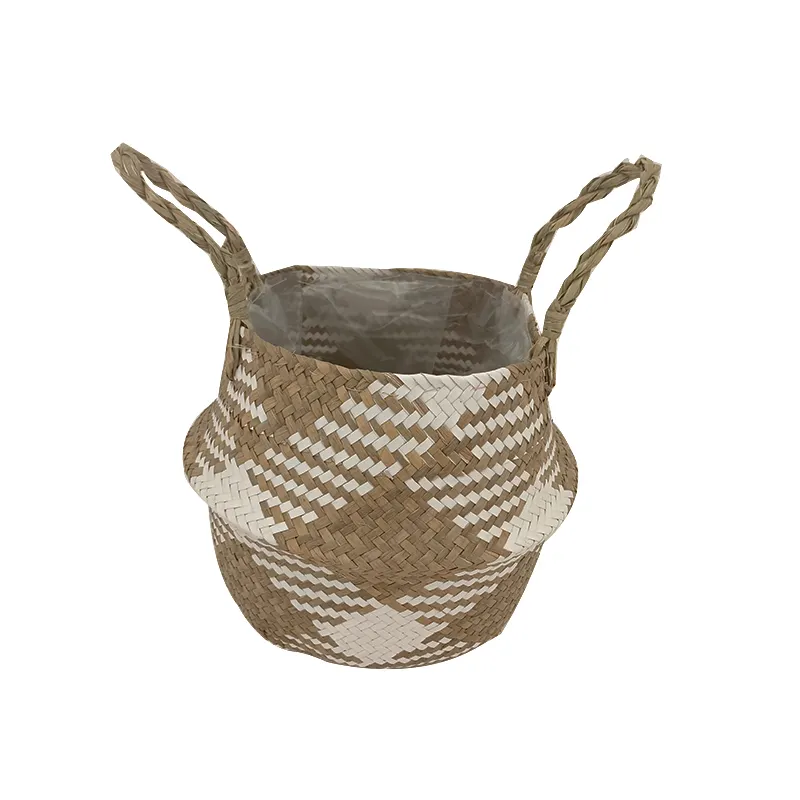 Round Basket Decorative Natural Straw Materials Rattan Seagrass Hand Woven Fruit Plant Storage Basket