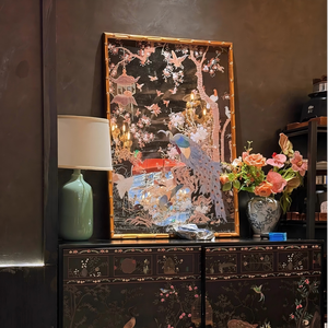 Miroir décoratif mural en bois avec cadre noir de style Art déco antique, représentant un paon divin, pour le <span class=keywords><strong>salon</strong></span> ou le bureau - Product Image 1