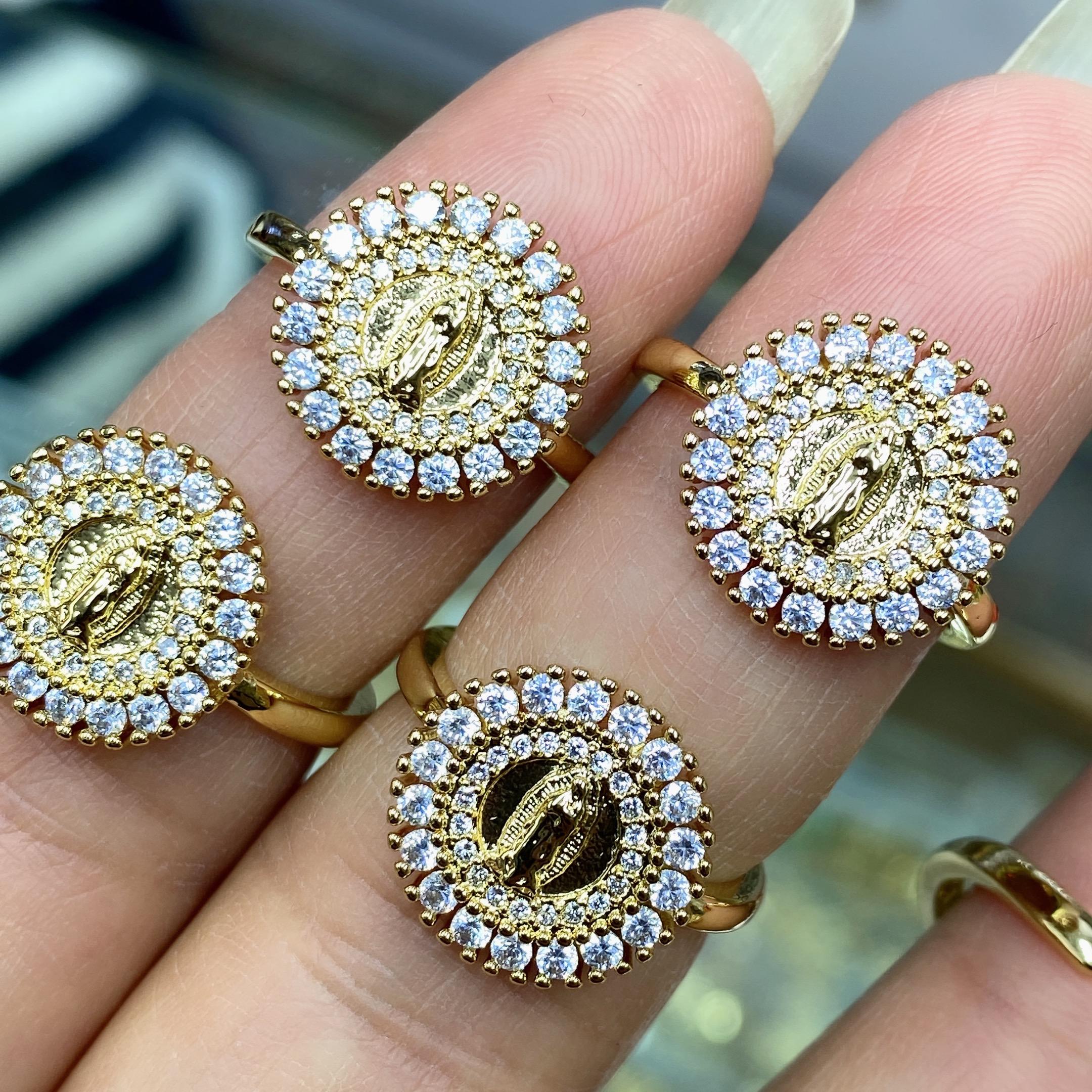 Bague Vierge Marie plaquée or Bague religieuse pavée Notre-Dame