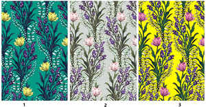 Nueva Tela Popelina de Algodón Peinado Suave con Patrón de Flores Amarillas sobre Base Verde y Ramitas de Flores Púrpuras, Ligera - Product Image 6