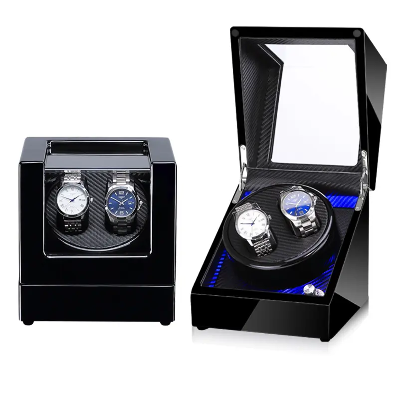 Grosir kotak jam tangan High-Gloss hitam cat Piano cendana 2 Slot jam tangan Winder dengan lampu LED