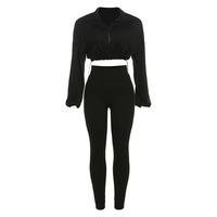 Ensemble Deux Pièces Femme Automne Streetwear Couleur Unie, Haut Court Zippé à Manches Longues et Pantalon Moulant