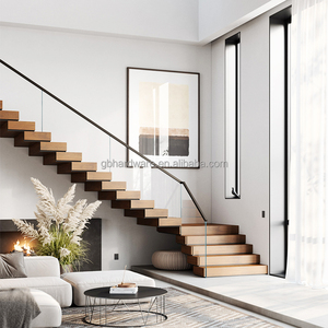 Escalier flottant en bois <span class=keywords><strong>de</strong></span> hêtre avec garde-corps en verre trempé, couleur personnalisée, faible MOQ, vente en gros - Product Image 5