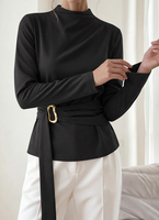 Chemisier Femme de Bureau à Col Montant et Manches Longues, Coupe Ajustée Froncée avec Ceinture à Anneau en D, Tissé Uni, pour Tenue Formelle, Quotidienne ou Décontractée