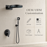 Ensemble de douche mural encastré de luxe en laiton noir mat avec LED, fonction pluie, barre coulissante pour douchette à main et idéal pour projets hôteliers