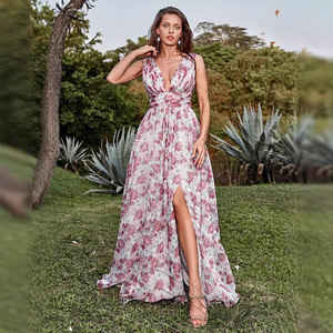Vestido largo con estampado floral, cuello en V profundo, cintura imperio, ropa informal de verano - Product Image 1