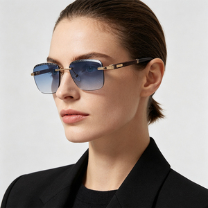 Lunettes de soleil carrées sans monture de luxe, monture en métal doré, bord supérieur texturé, verres dégradés, branches en métal, unisexe, vente en gros - Product Image 1