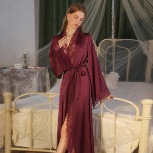 4378 Wholesale Women's Long Nightgown Solid Silk Satin Kimono Bath Robe Lace Trim Long Sleeve <strong>PJ</strong> for Summer Spring Home Wear - Product Image 2