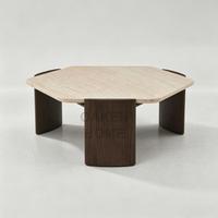 Table basse hexagonale moderne en travertin OAKEN, plateau en pierre naturelle, base en bois massif, table centrale, meubles de salon