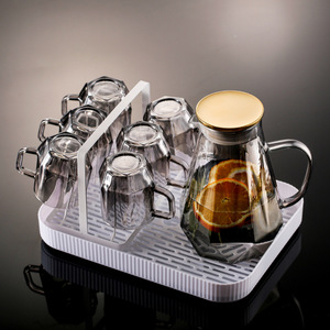 Colgador de tazas de vidrio con bandeja, escurridor de doble capa, forma cuadrada, almacenamiento invertido para tazas de té de sala de estar, tamaño L, tapa metálica - Product Image 1