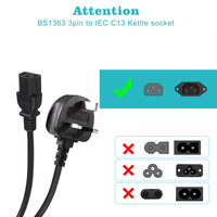 Câble d'alimentation de rallonge IEC C13 avec prise à broche britannique 13 ampères, prise unique pour moniteur, bouilloire, PC, secteur d'ordinateur