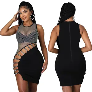 Nightclub and Party Dress See Through Patchwork Rhinestone Sleeveless Dress Women Dresses Women Lady Elegant