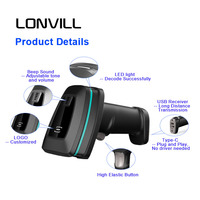 LONVILL Scanner de codes-barres sans fil avec algorithme de décodage breveté, saut de fréquence automatique, 80 000 codes, USB, batterie longue durée, pistolet de numérisation