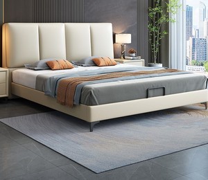 เตียงจัดเก็บของทำจากหนังครีมทันสมัยดีไซน์เรียบง่ายเตียงแต่งงานนุ่มสองชั้นสำหรับห้องนอนอพาร์ทเมนต์ขนาดเล็ก - Product Image 5