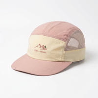 Casquette de camping 5 panneaux personnalisée avec broderie montagne, blocs de couleur, côtés en maille, séchage rapide, pour activités de plein air, camping et course à pied