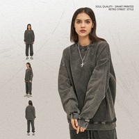 Sweatshirt Pria Trendy 420 GSM Heavyweight Crew Neck Loose Fit 100% Katun Warna Solid Gaya Retro Distressed Washed Pewarnaan Lilin
