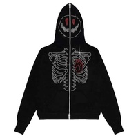 Sweat-shirt à capuche zippé pour homme, noir, style streetwear gothique Y2K, avec imprimé araignée en strass, coupe oversize