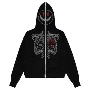 Custom 400GSM 500GSM 550GSM peso pesante strass con stampa grafica su viso Oversize Full Zip up felpe con cappuccio per l'inverno - Product Image 2