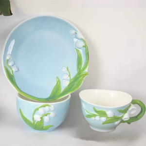 Hand-crafted Modern Sustainable <b>Reusable</b> Portable Embossed Bell Orchid Pattern Light Blue Glaze Ceramic Coffee <b>Cup</b> Saucer Set - Product Image 1