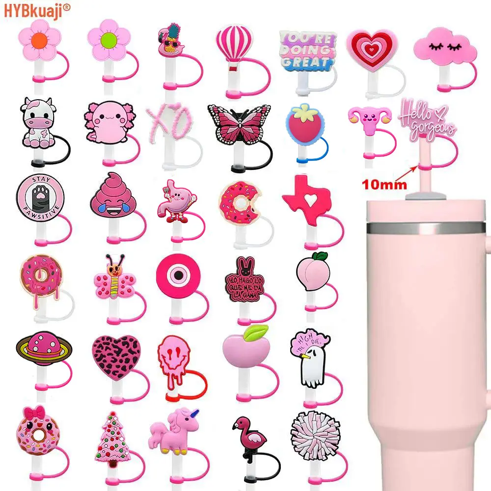 10mm new reusable silicone cute animal drinking straw topper wholesale pink series bad bunny rubber straw charms toppers