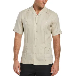Camisas Casuales para Hombre de Fábrica OEM, <span class=keywords><strong>Estilo</strong></span> Cubano Mexicano, Manga Corta, Lino Transpirable, <span class=keywords><strong>Guayabera</strong></span> - Product Image 4