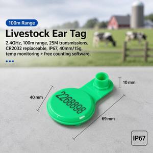 Étiquette d'oreille pour bétail 2,4 GHz du fabricant, 40 mm, 150 m, CR2032, 25M TX, IP67, suivi animalier sur 3 ans pour bovins, ovins, élevage et ranch - Product Image 1